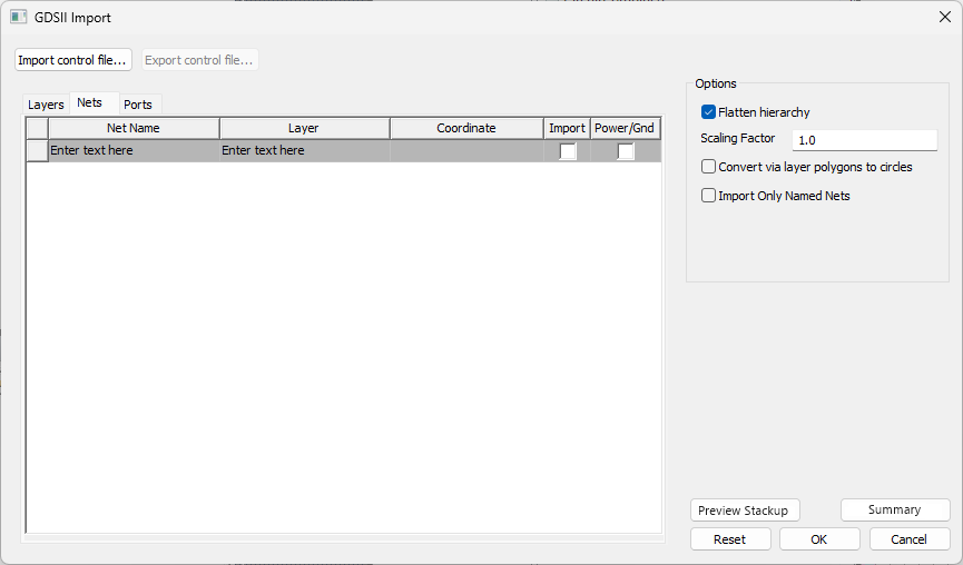 GDSII Import Window > Nets Tab