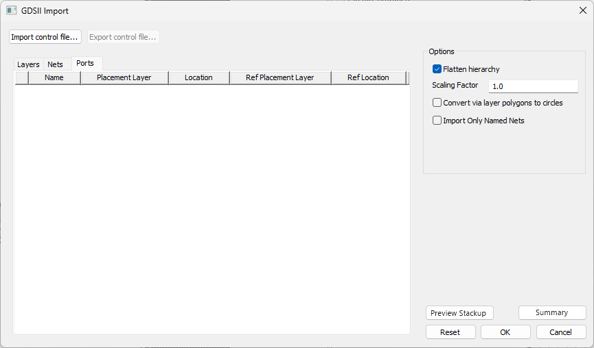 GDSII Import Window > Ports Tab