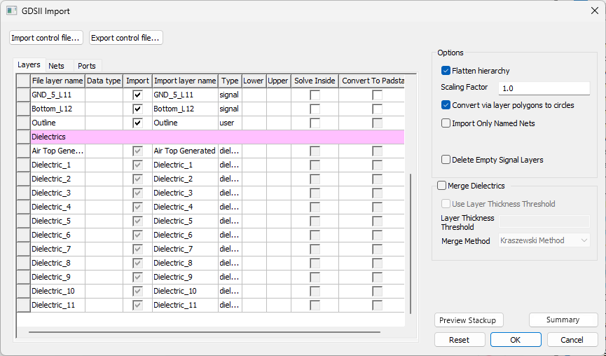 GDSII Import Window > Merge Dielectrics Area