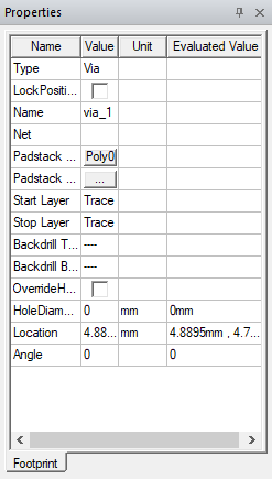 Properties Window > Type: "Via"