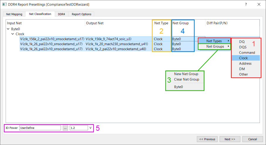 DDR4 Report Presettings Window, Net Classification tab.