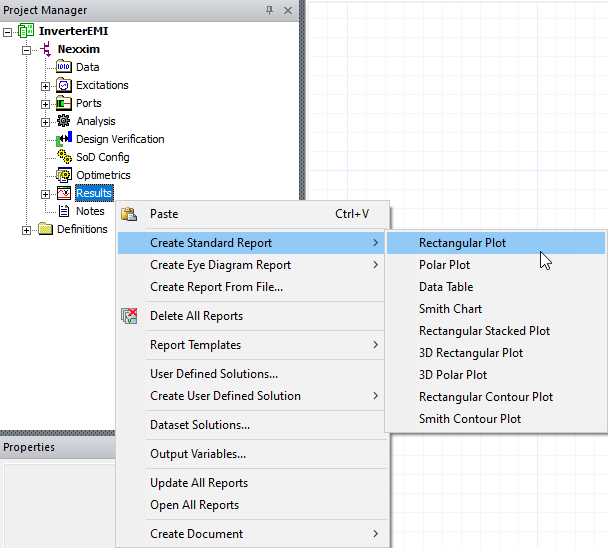 Project Manager > Project Tree > Active Design Folder > Results > Create Standard Report > Rectangular Plot