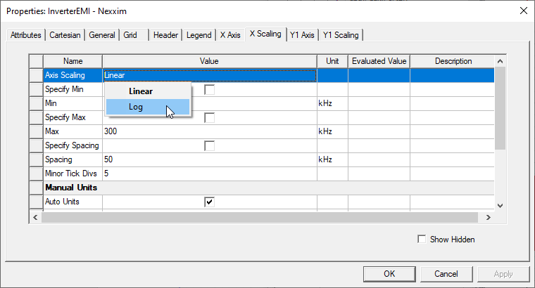 Selecting Log from the Axe Scaling Row
