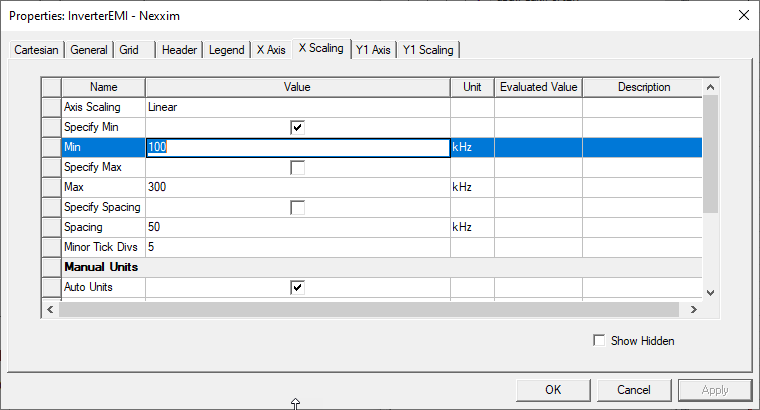 Properties Window > X Scaling Tab
