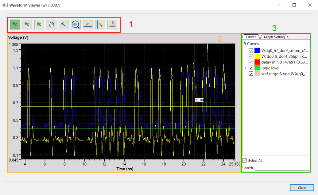 Waveform Viewer Window, Measuring tools.