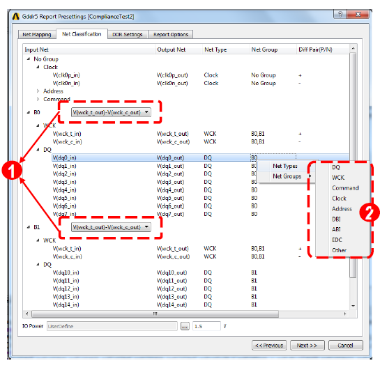 GDDR5 Report Presettings Window, Net Classification tab.