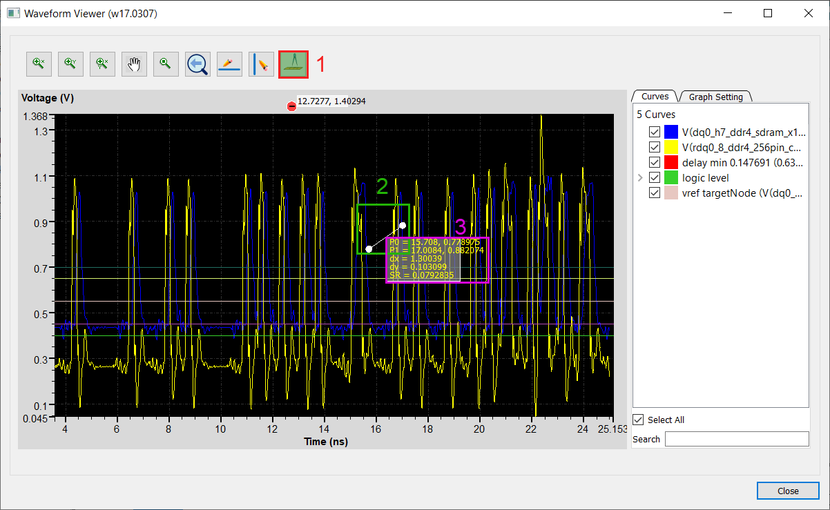 Waveform Viewer Window, Measuring steps.