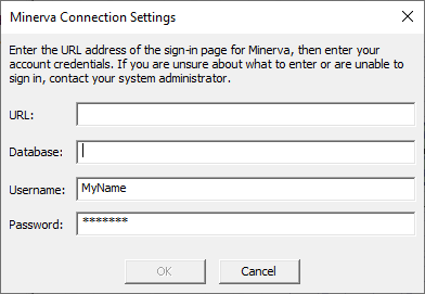 Minerva Connection Settings dialog.