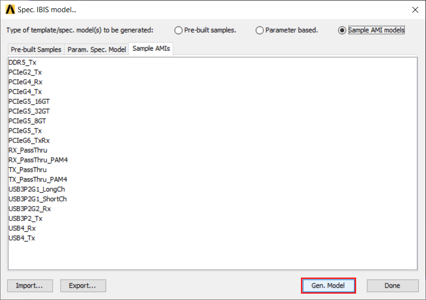 Spec. IBIS model winodw, Sample AMIs tab, Gen model button highlighted.