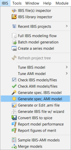 IBIS Menu, Generate spec. AMI model highlighted.