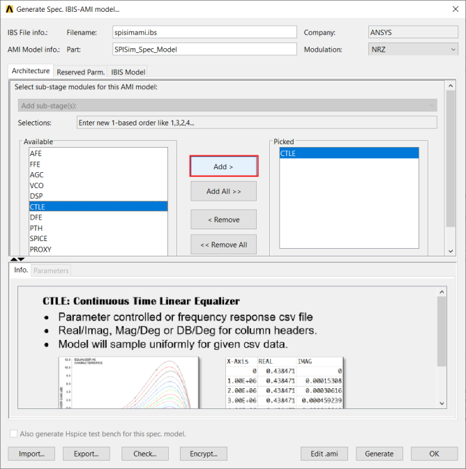 Generate Spec. IBIS-AMI model window. CTLE selected.