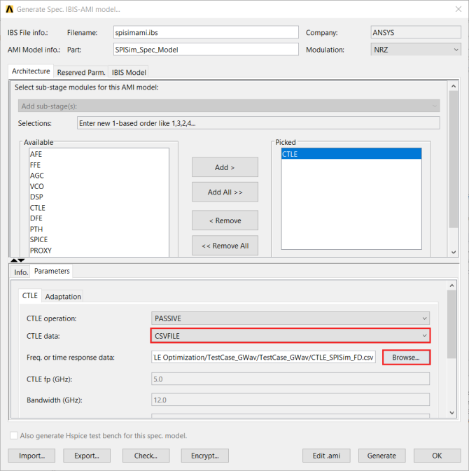CTLE Tab, CSVFILE selected.