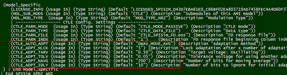 New CTLE Parameters listed in model's ami file.