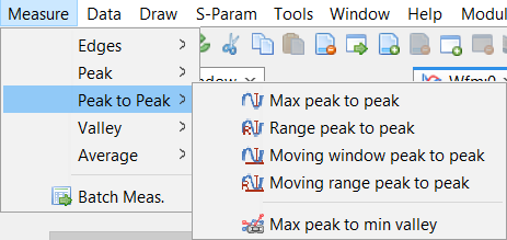 Measure menu, Peak to Peak options listed.