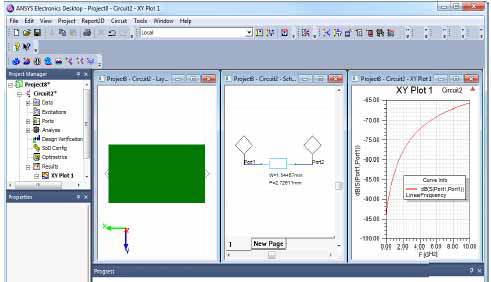 The Circuit application window with three project windows open showing the project layout, circuit schematic, and an XY plot. 