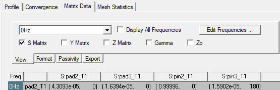 Matrix Data tab, S Matrix selected