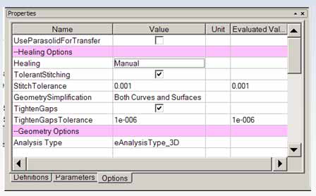 Properties Window, Options tab.