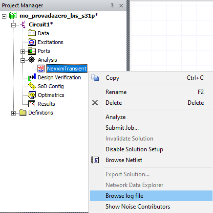 Project Manager > Project Tree > Active Design Folder > Analysis > Browse Log File