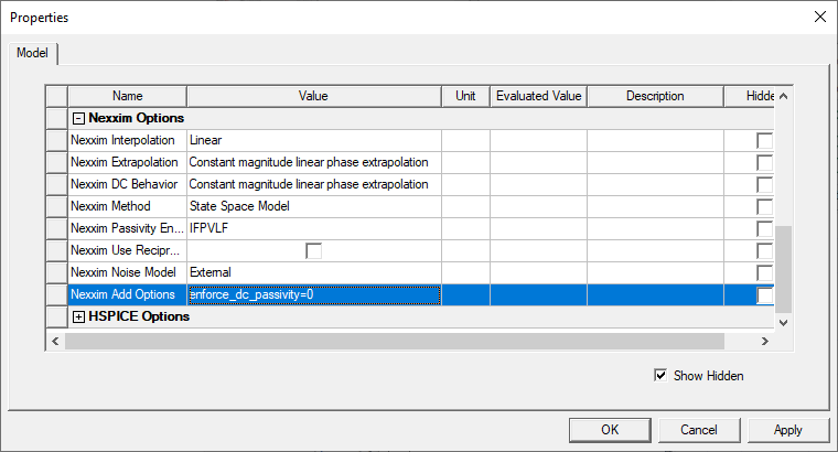 Properties Window > Nexxim Additional Options Text Field
