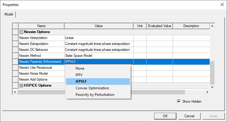 Properties Window > Nexxim Passivity Enforcement Dropdown Menu