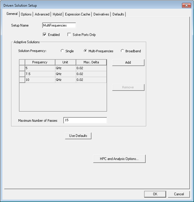Driven Solution Setup dialog, General tab.