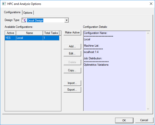 HPC and Analysis Options Window