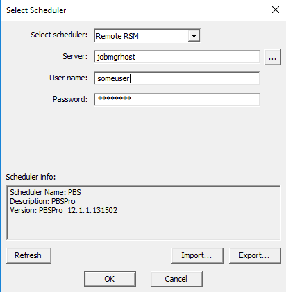 Select Scheduler dialog. User name and password fields.