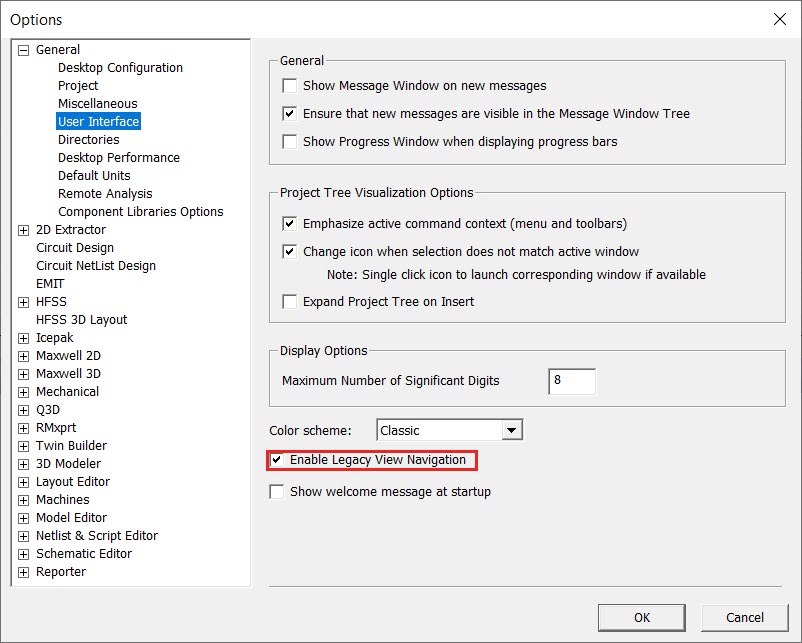 Options Window, General, User Interface options. Enable Legacy View Navigation selected.