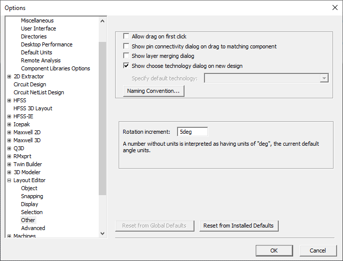 Options Window, Lay Out Editor, Other options. Show choose technology window on new design option selected.