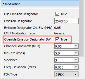 Modulation panel, Override Emmision Designator BW option enabled.