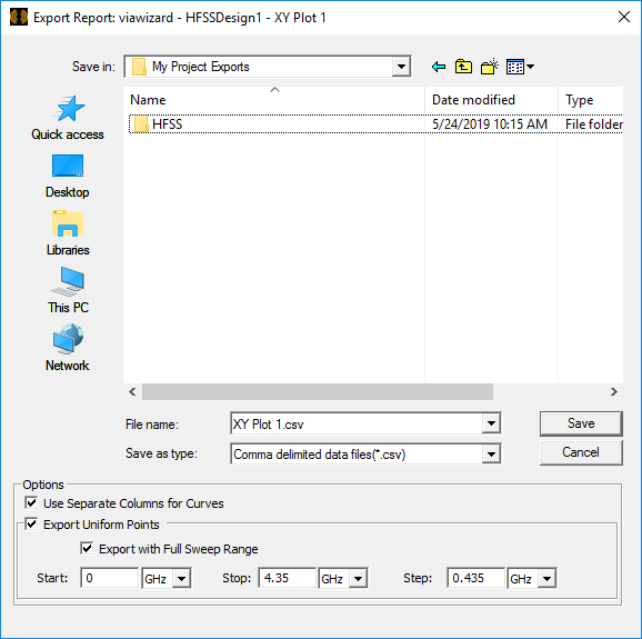 Export Report window Export Report window