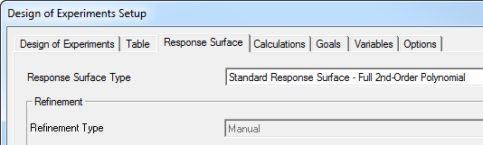 Design of Experiment Setup dialog. Response Surface tab.