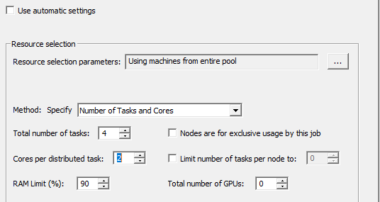 Number of Tasks and Cores- "Use automatic settings" is disabled.