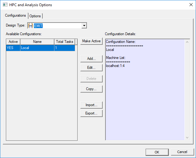 HPC and Analysis Options Window