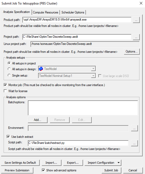 Submit Job To window. Analysis Specification tab. Use batch estraxt option enabled, Script Path field filled. 