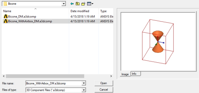 Browse 3D Components dialog. Image preview and info tabs populated.