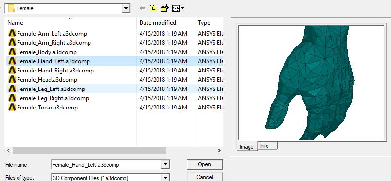 Browse 3D Components dialog. Component selected, Image preview and Info tabs populated.