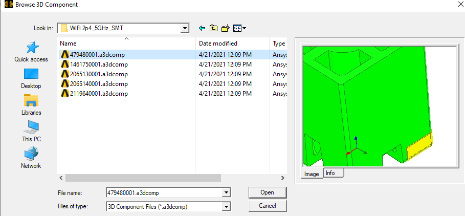 Browse 3D Components dialog. Component selected, Image preview and Info tab populated.