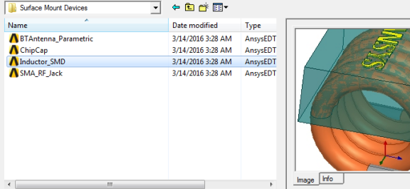 Browse 3D Component dialog. Component selected. Image preview and Info tab populated.