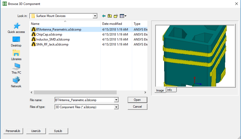 Browse 3D Component dialog. Component selected. Image preview and Info tab populated.