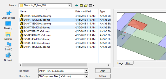 Browse 3D Components dialog. Component selected, Image preview and Info tab populated.