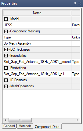 Docked Properties window. Component Data tab.