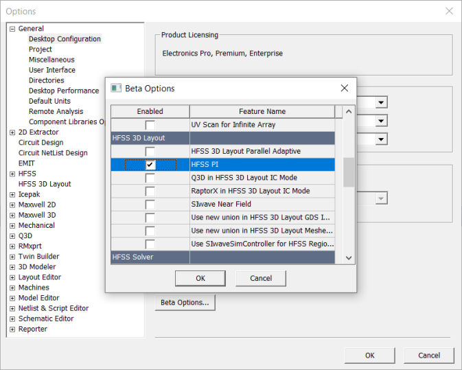Options Window > Beta Options Window