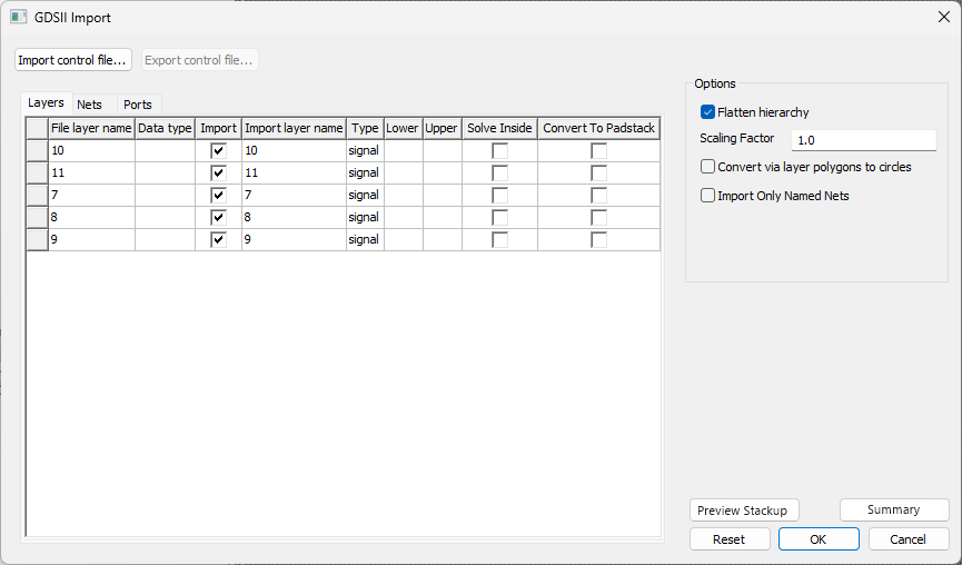 GDSII Import Window