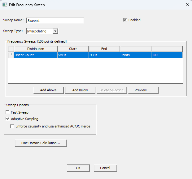 Edit Frequency Sweep Window