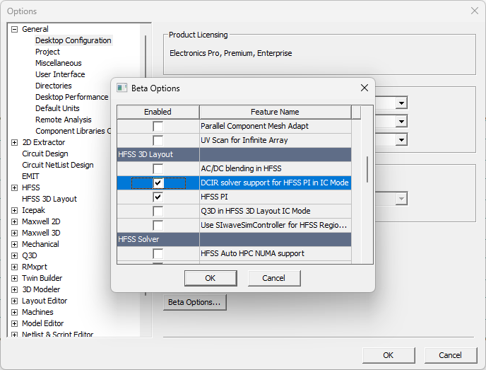 Beta Options Window