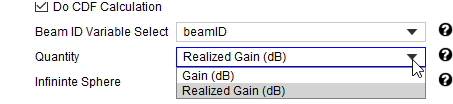 Quantity drop-down menu expanded, Realized Gain (dB) option highlighted.