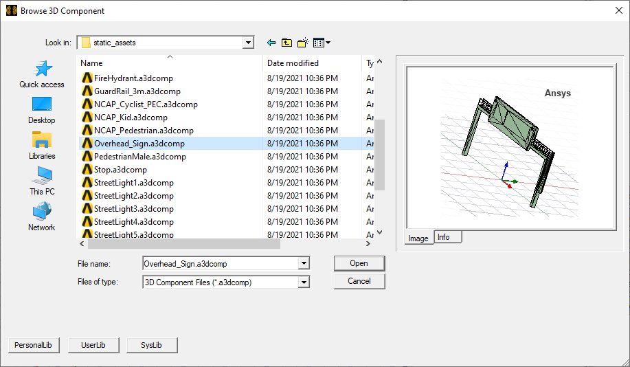 Browse 3D Components dialog. Image preview and info tabs populated.