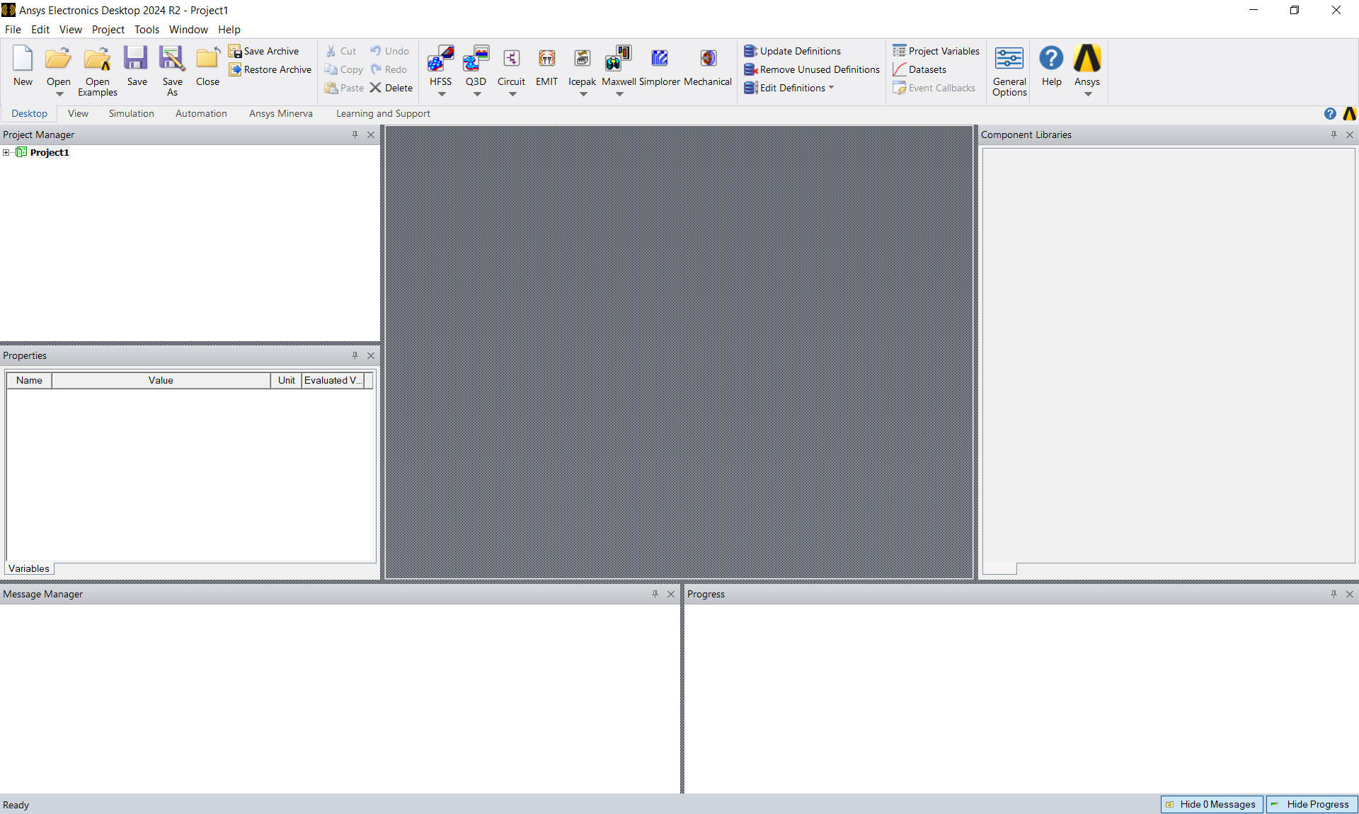 AEDT Application window with empty project windows.