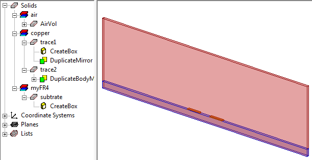 Differential microstrip and project tree panel.